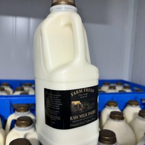 Two-litre glass bottle of fresh raw milk from Raw Milk Leeds