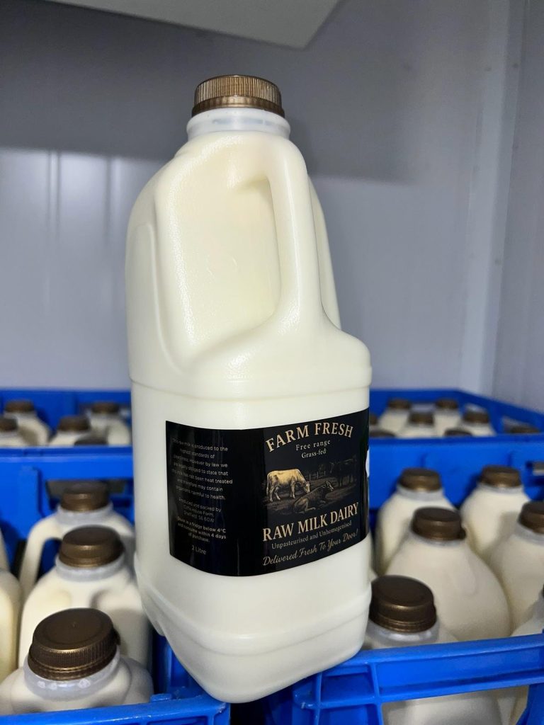 Two-litre glass bottle of fresh raw milk from Raw Milk Leeds